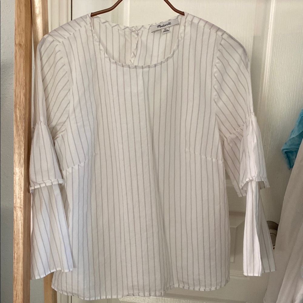 Madewell White and Gray Bell Sleeve Blouse